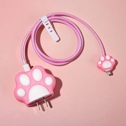 Iphone Charger Case Cover - Cute Paws - 4 Piece Set (With Wire Protector)